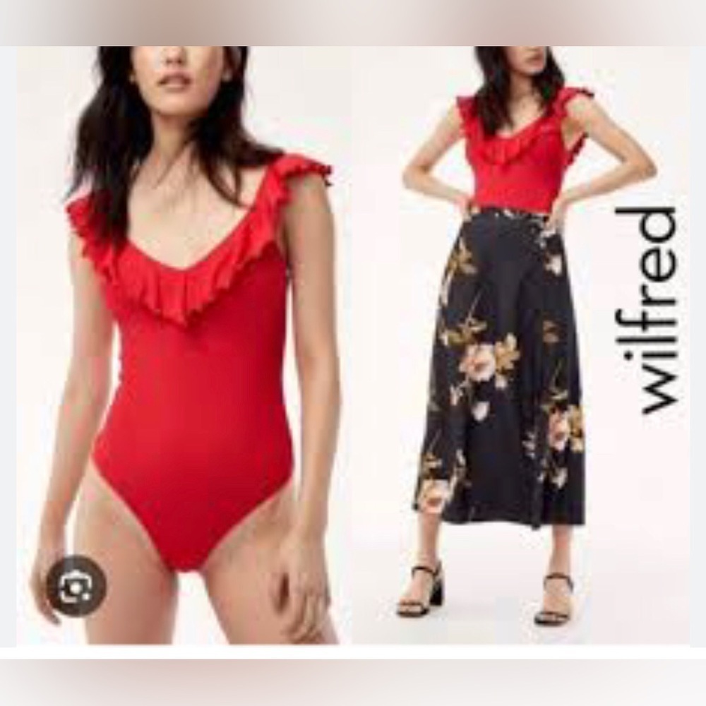 Wilfred Womens Danette Bodysuit Size XS Red Ruffle Ribbed Stretch Aritzia